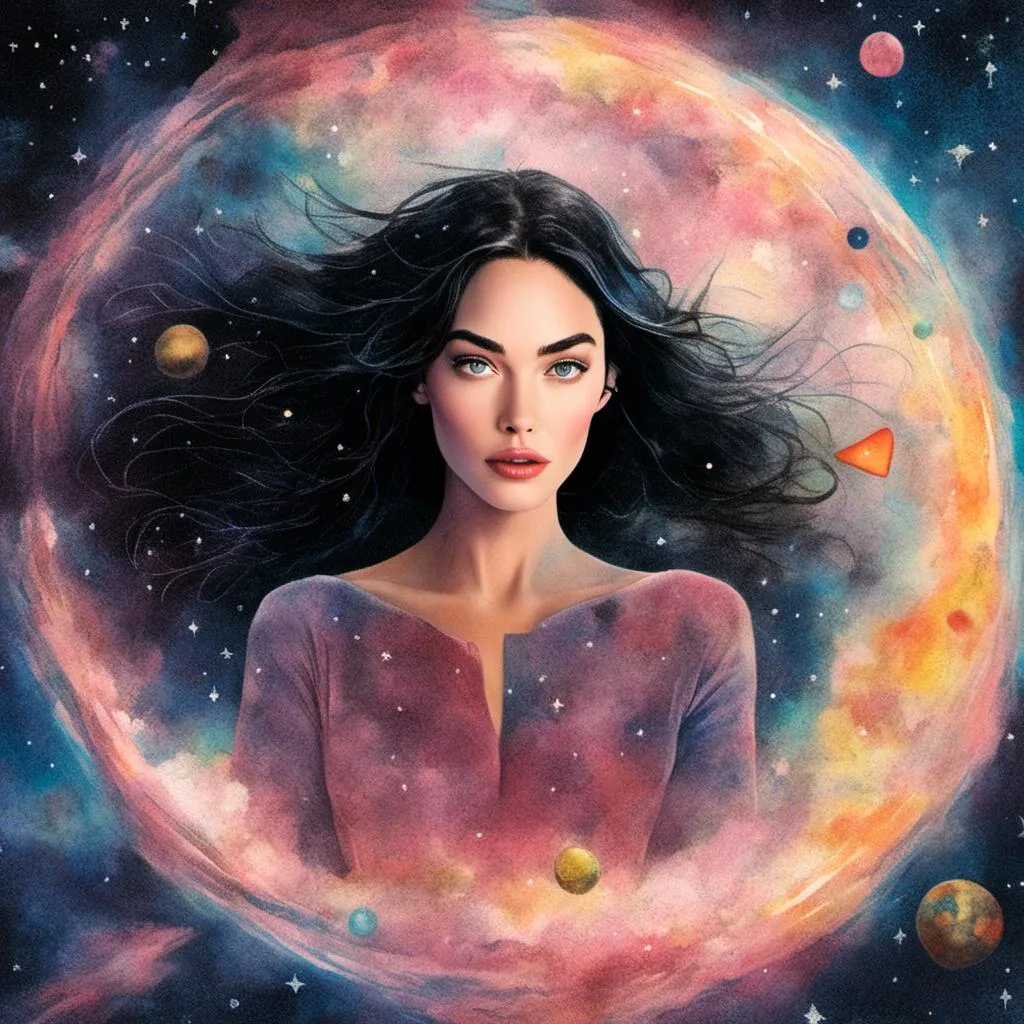 Prompt: <mymodel> 
in the space void, Between the sun and earth.

Megan fox  floating in space.

dynamic. mystic.