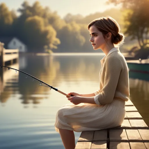 Prompt: (Emma Watson character), fishing on a sunlit wharf, serene and contemplative atmosphere, soft bokeh background creating a dreamy effect, gentle waves lapping at the side, warm golden hues reflecting off water, tranquil ambiance, nature surrounding, high detail, ultra-realistic rendering, captivating lighting, rich textures that evoke feeling and depth, nature's calmness personified.