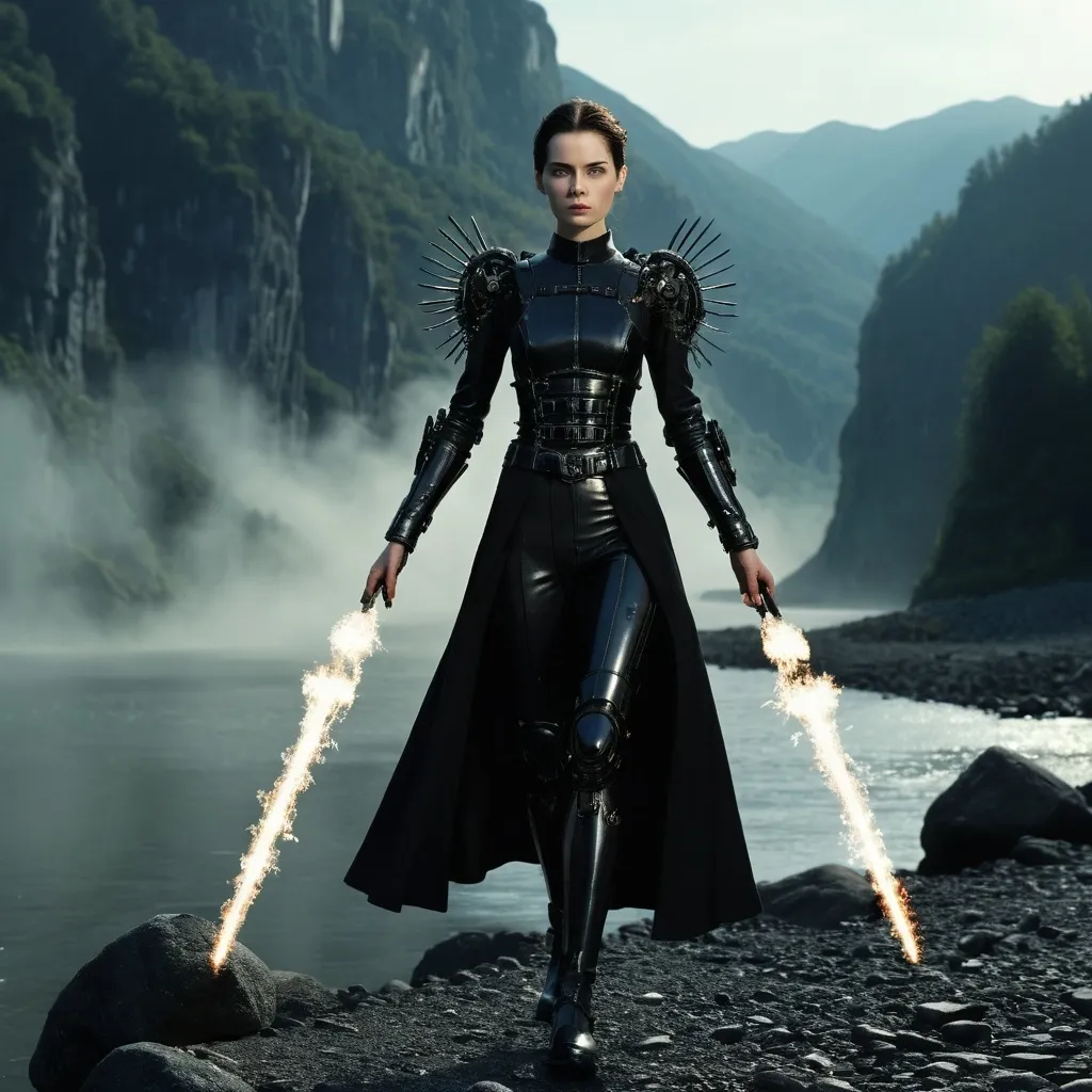 Prompt: 1300, matrix movie,
europe, germany, riverside. mountain background.

Audrey Hamm is a (maiden battle angel ),clothing and shoes, ethereal glow, wisps of steam, serene expression, halo of delicate cogs, set against a dark atmospheric background, faint glimmering lights illuminating, mystical, enchanting, highly detailed, fantasy art style, invoking a sense of wonder, 4K, ultra-detailed.