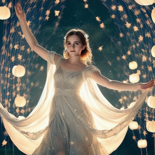 Prompt: (peaceful night), Emma Watson, (dancing) under a luminous full moon, (gentle moonlight) cascading over her, detailed facial features illuminated, a serene expression, wearing a flowing dress that captures the night’s elegance, a soft, tranquil ambiance, twinkling stars in a (clear sky), surrounded by delicate paper lanterns from the (mid-autumn festival), (ultra-detailed), (high quality)