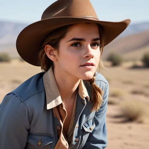 Prompt: Emma Watson as a (cow girl), wearing a classic western outfit, denim jeans and a cowboy hat, rosy cheeks, nunnery,  in a (dusty, sunlit) desert landscape, with rolling hills and a clear blue sky, evoking a (vintage western movie) feel, highlighting her determined expression, with warm sunlight creating striking (high contrast) shadows, (ultra-detailed) and (photorealistic) quality.