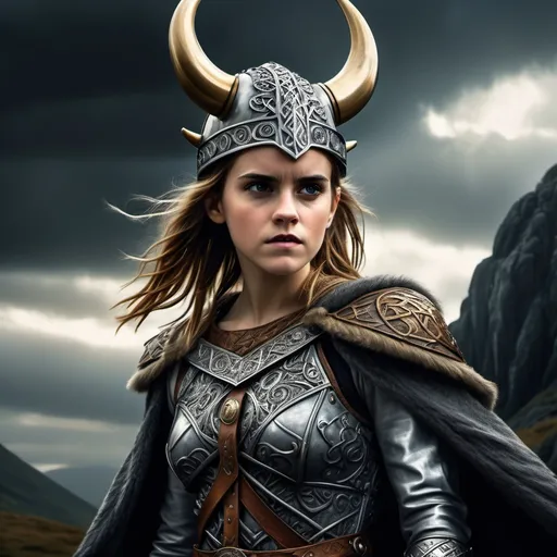 Prompt: (vivid depiction of Emma Watson as a Viking queen), powerful stance, intricately designed horned helmet, flowing cloak, detailed armor adorned with Norse symbols, fierce expression exuding strength and wisdom, tumultuous sky in the background, dramatic lighting highlighting her features, textures of metal and fabric contrast, (ultra-detailed), high quality, cinematic atmosphere, elements of wild nature, invoking a sense of adventure and courage.