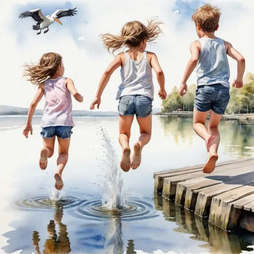 Prompt: Three boys two girls running towards the lake.  Jumping into glittering water.    From bottom view up from their leg.   Full detail body view.   Water colour.  Far away jetty and pelican 

