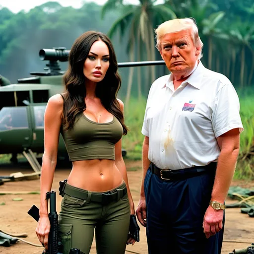 Prompt: 1970.
vietnam jungle,
megan fox is an american female sniper. photo standing with president trump on a firebase. 
((donald trump in the background.))
intensive glare. long sniper rifle.
dirty torn small t-shirt show abs.