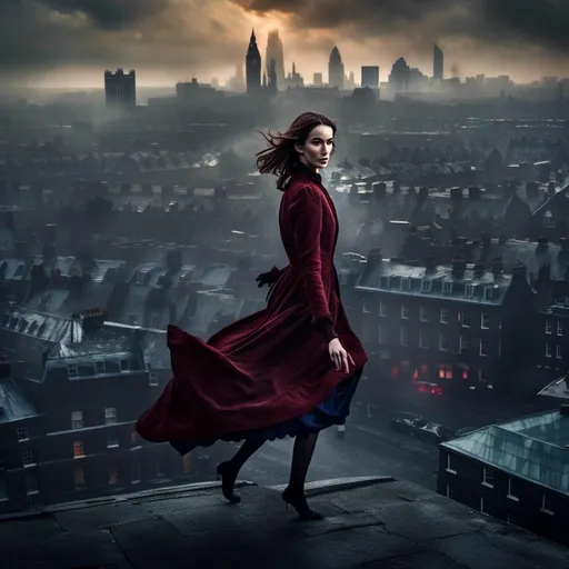 Prompt: <mymodel>Girl vampire slayer (action pose), 1900's London cityscape, (dramatic shadows), atmospheric gaslights, vibrant contrasting colors, rooftop jump, tension and excitement in the air, mist enveloping the streets, ultra-detailed, cinematic depth, capturing a pivotal moment in a thrilling narrative, historical elements, breathtaking view of the city skyline in the background.