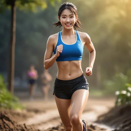 Prompt: ((( a young girl))), ((full body view)), A Chinese girl with white skin, beautiful appearance, neat teeth, clear eyes, bright smile and very infectious, short hair, lovely and lively, vibrant and energetic, dynamic lighting, fitness theme, detailed athletic form, digital illustration, vibrant colors, intense workout, dynamic pose, high-res, energetic atmosphere, athletic, dynamic lighting, fitness theme, detailed features, energetic colors, powerful workout, professional quality
, sharp focus, perfect anatomy, highly detailed,((photorealistic)), ((hyperrealistic))

((Running in mud)) (((full body)))

128k resolution. Beautiful face, slim and pony-tail hair with bangs. full body view.

 Zeiss Sonnar F 150mm f/2.8