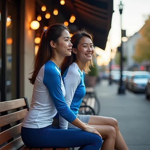 Prompt: Puma company advertising poster.  
siting on a bench, seattle downtown cafe,

(full body portrait from the back),  halo light on character,  beautiful heavenly cute female figure,  mother and daughter, (chinese descent), Pilate, slit eye, hint of smile, showing defined abs, lithe strong body,  striking rimmed google,  (sports white and blue layered shirts), ,  high-contrast composition,(ultra-detailed), stylish and modern vibe, striking visual contrasts, (high quality, 4K).