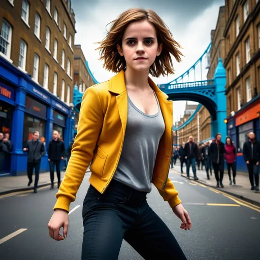 Prompt: (focused character emma watson), dynamic tapdance pose, lively street corner, iconic london bridge in background, urban atmosphere, vibrant colors, cool tone, energetic ambiance, showcasing spontaneous creativity, detailed cityscape, expressive facial features, stylish urban outfit, high-resolution, ultra-detailed, captivating scene