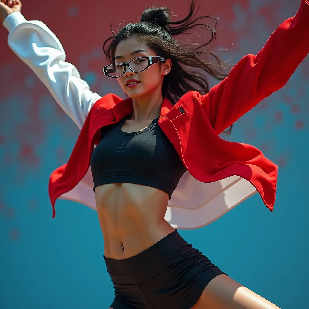 Prompt: Puma company advertising poster.  
free jump,
(full body portrait), beautiful heavenly cute female figure, (chinese descent), pilate, slit eye, hint of smile, showing defined abs, lithe strong body,  striking rimmed google,  (sports red and white layered shirts), bold use of color (black, red, blue, white), high-contrast composition,(ultra-detailed), stylish and modern vibe, striking visual contrasts, (high quality, 4K).