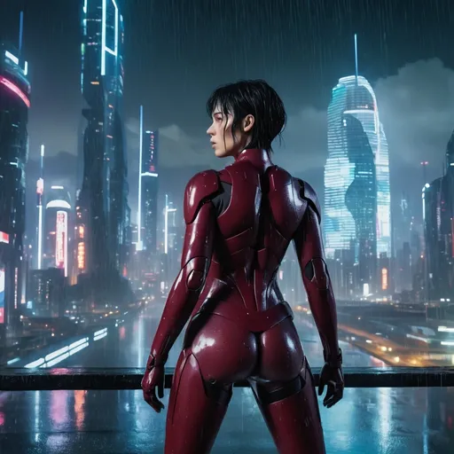 Prompt: (ghost in the shell movie scene), (stunning beautiful maiden in ironwoman outfit), breathtaking digital landscape, futuristic city skyline imbued with raindrops, dramatic contrasts, vibrant colors accentuate the action, tense ambiance, high-intensity mood, (4K ultra-detailed), cinematic lighting creates depth, bold shadows, innovative architecture unfolding in the background, a blend of reality and illusion, mesmerizing visual storytelling.