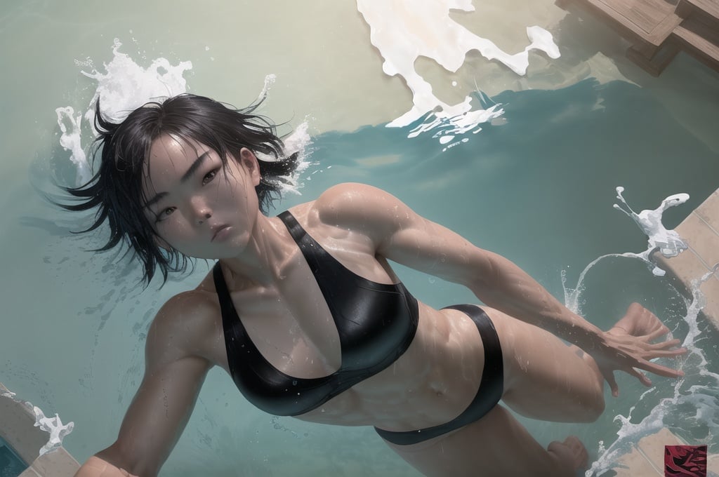 Prompt: diving into pool, head first,  25-year-old sporty chinese woman, dark short  hair,  sun burned, beach, oily,  fit , lithe, tidy hair,  detail body, full body view, l, dramatic lighting,, swim suite, professional, highres, dramatic lighting, dramatic shadows, detailed eyes, oil painting, front view