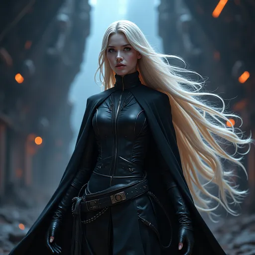 Prompt: (starwars universe),
(jedi), (hyper-realistic beautiful and sensual woman), (very long flowing hair), pale skin, (black high-tech clothes), (space backdrop), (futuristic world), ethereal ambiance, (steampunk uniform),
 influenced by catholic art, (cinematic lighting), mysterious atmosphere, deep starscape, vibrant cosmic colors, blending tradition with modernity, enchanting presence, inviting gaze, intricate technologies surrounding her, ultra-detailed, HD quality.