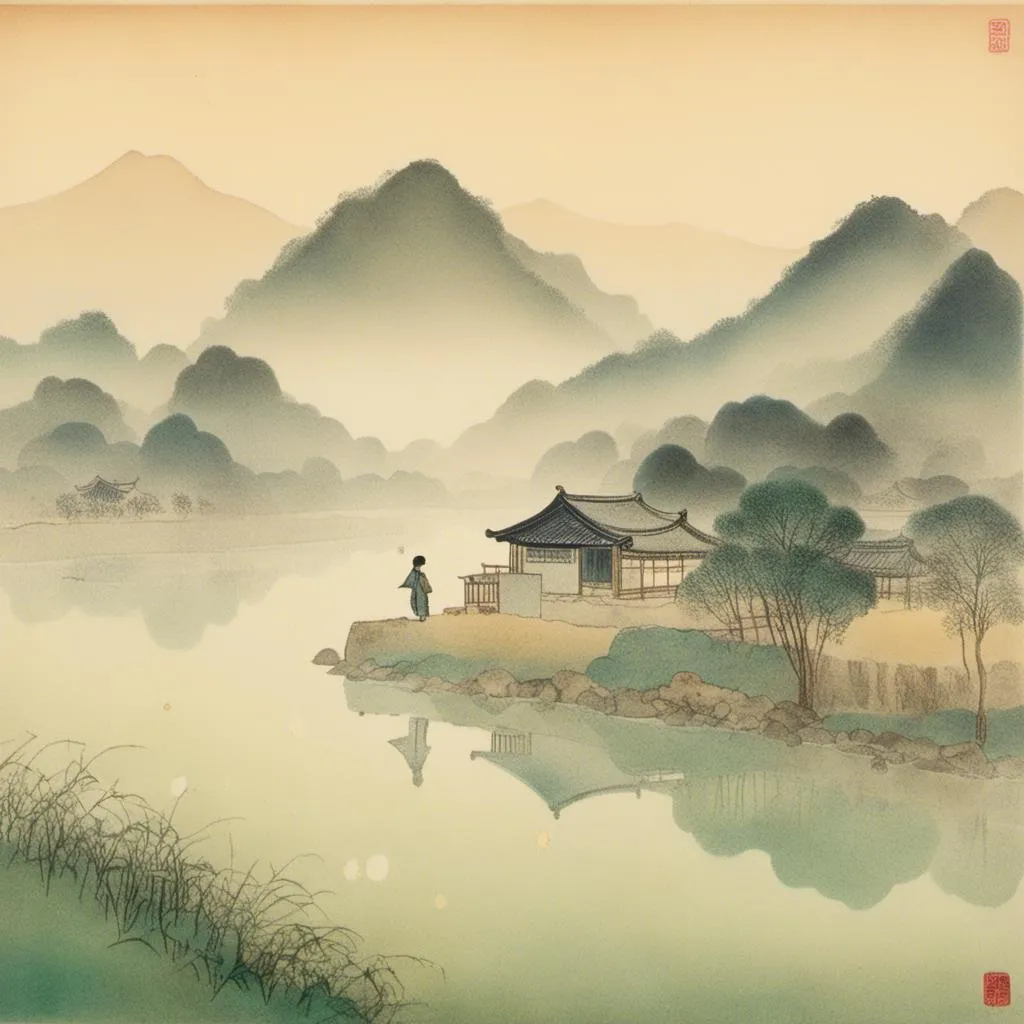 Prompt: <mymodel>

 1920,  morning.
Suzhou farm,  foggy,
far away mountain.

finger fairy on a pebble. river side.


mysterious atmosphere.