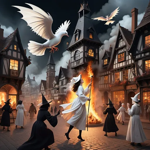 Prompt: on the town square.
12 century.
one witch in white robe burning on the stake.
witch flying on bloom stick.
dragon flying, spewing fire.
a burning wax house, a beautiful maiden face image is inside a clock tower. 
the fireplace.
A horror house.
A witch, black cats.
white pigeon.
white cloud.
dancing folks.
city square.


mystic mist