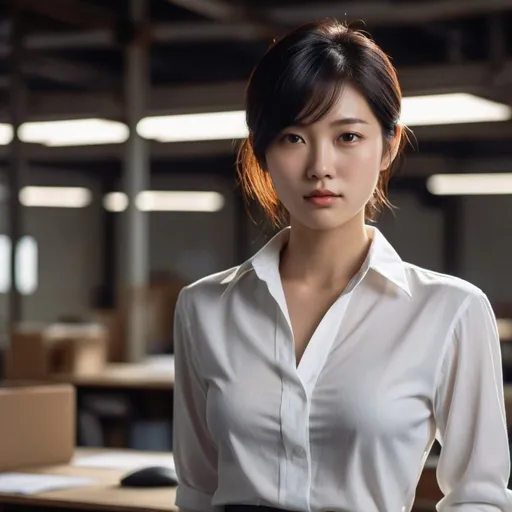 Prompt: 007 movie setting.  in an old smokey warehouse. low ceiling lights. 
(((30 years old  soft heavenly beautiful asian girl as secretary in a office ))), boyish hair, small nose, small delicate lips, white blouse, black pensil tight skirt, short dark hair, flush cheeks, grossy lips.

warm smile, bright eyes, in love, happy.


 high quality, soft expression, dynamic lighting,   digital illustration, vibrant colors, 
, in love, perfect anatomy, highly detailed,((photorealistic)), ((hyperrealistic))

 (((full body))) 

128k resolution. 

 Zeiss Sonnar F 150mm f/2.8
 in the style of Paul Barson

