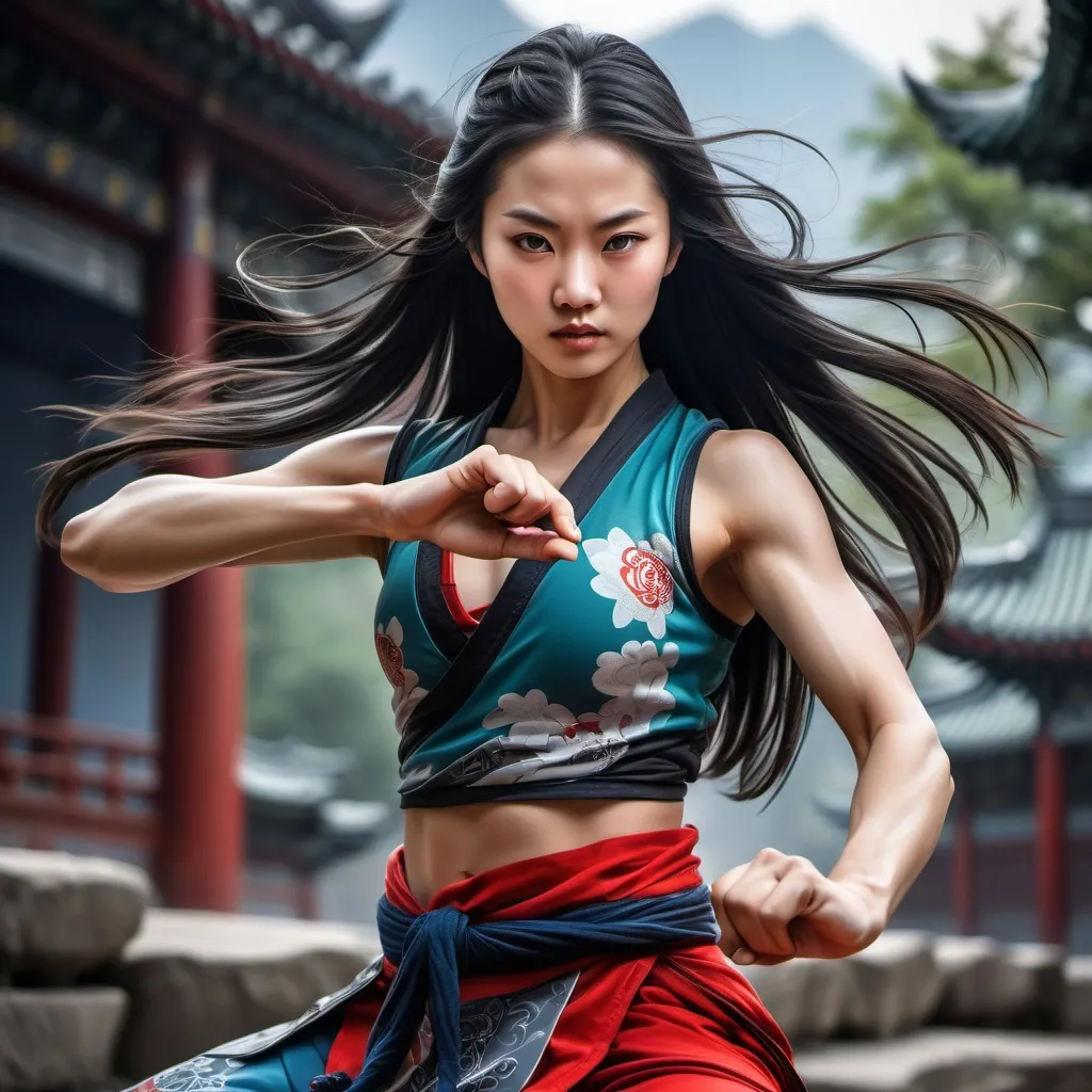 Prompt:  Central to the image is a (kungfu master woman), (shaolin temple), 
 (mountain view), flowing dark hair cascading down her shoulders, dressed in a traditional workout with exquisite (red, blue and black) patterns, dynamic pose, fair white skin, beautiful green eye, show abs, perfect anatomy, centered, freedom, soul, blonde long hair, approach to perfection, cell shading, 4k , cinematic dramatic atmosphere, global illumination, detailed and intricate environment, , cinematic lighting,illuminated by warm, soft light, enhancing the tranquil and graceful atmosphere, (HD), showcasing her delicate features and serene expression in a captivating portrait style.ng, 