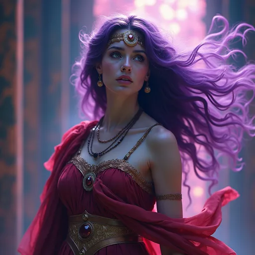 Prompt: Hora, purple haired Roman Goddess and Guardian of Rome, Warrior of Peace,  pre-Raphaelite time-lapse motion blur Abstract* cyber graffiti, High resolution, detailed portrait, Midjourney style, ethereal atmosphere, flowing hair, captivating eyes, cosmic mystical aura, vibrant colors, 
standing in the throne room roma.