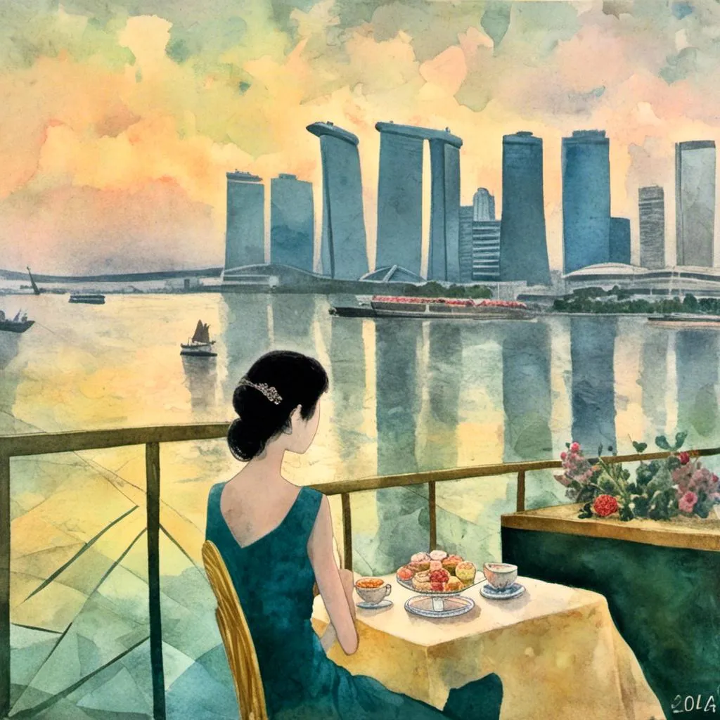 Prompt: <mymodel> 2024, 
singapore skyline. marina bay.

lady drinking afternoon tea.


mysterious atmosphere.