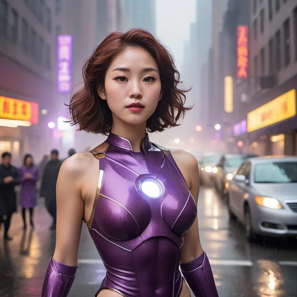 Prompt: year 1950, ironman universe,
20  years old asian korean version goddess aphrodite in purple ironman uniform, with short brown hair, heavenly beauty,
 detail face, delicate body, walking on new york street. dance in the sky, mist surrounding, mystic atmosphere, raining
