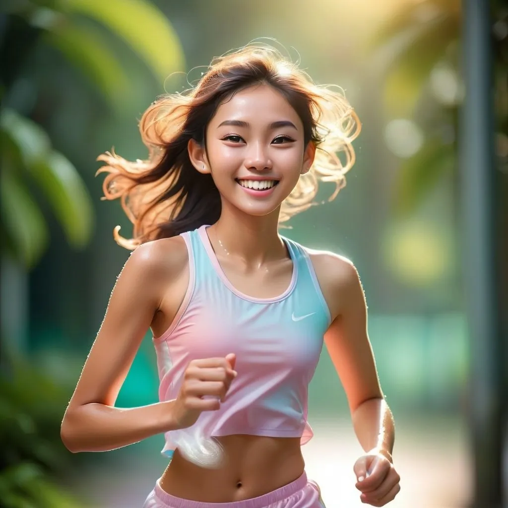 Prompt: Dreamy pastel full body portrait,15 years old singapore heavenly beauty running in sports wear, white teeth, sunshine smiles, sweaty, wet, hot sensual ethereal atmosphere, soft focus