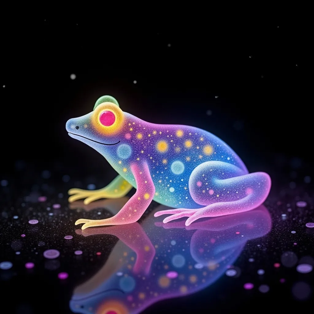 Prompt: three (multi-color luminous frog), intricate pattern, shaped light painting, black backdrop, (minimalistic), (elegant line design), various light sources, glowing effects, ethereal atmosphere, delicate fluidity, high contrast, depth of field, (4K), cinematic quality, magical ambiance, enchanting visualization.