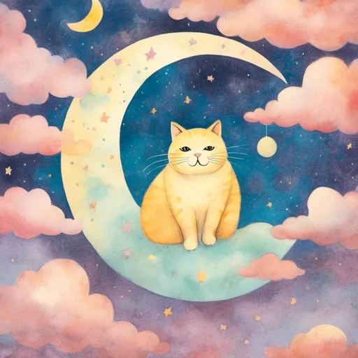 Prompt: <mymodel> 

multimedia collage, cute pastel color,
a fat cat sitting on the moon.

in the sky with clouds.
holy.