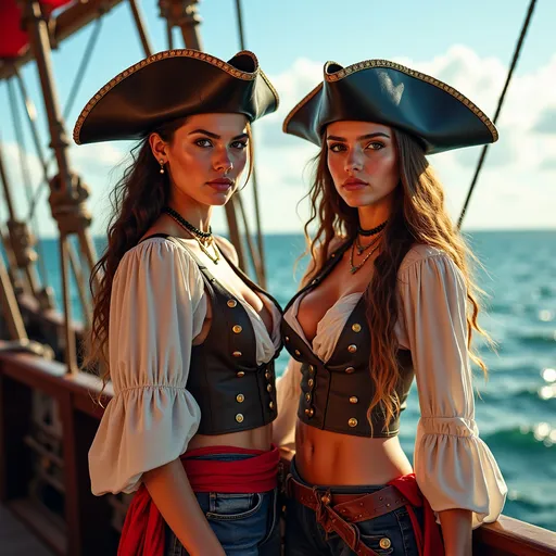 Prompt: two beautiful college girls in elaborate pirate wench costumes,  conservative yet revealing outfit, vibrant pirate ship setting, high ocean waves in the background, dynamic and lively atmosphere, (highly detailed) 8K resolution, (photorealistic), professional photo quality, dazzling pro lighting illuminating the scene, showcasing intricate costume details and textures, creating an adventurous mood echoing the pirate spirit.