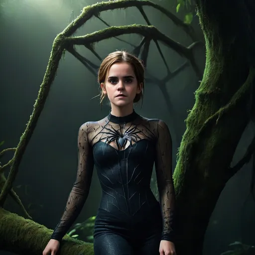 Prompt: (Emma Watson as a spider monster), perched majestically on a detailed tree branch, daylight illuminating her multifaceted, eerie features, looming yet captivating expression, intricately woven webs shimmering in the environment, lush green foliage surrounding her, vivid light highlighting the contrasting shadows, (ultra-detailed), showcasing an enchanting and unsettling ambiance.