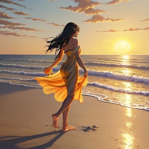 Prompt: <mymodel>Person walking into the sunset, shadow, oil painting, serene beach setting, warm and golden tones, detailed figure with flowing movements, tranquil atmosphere, high quality, oil painting, serene, warm tones, detailed shadow, calm and peaceful vibe