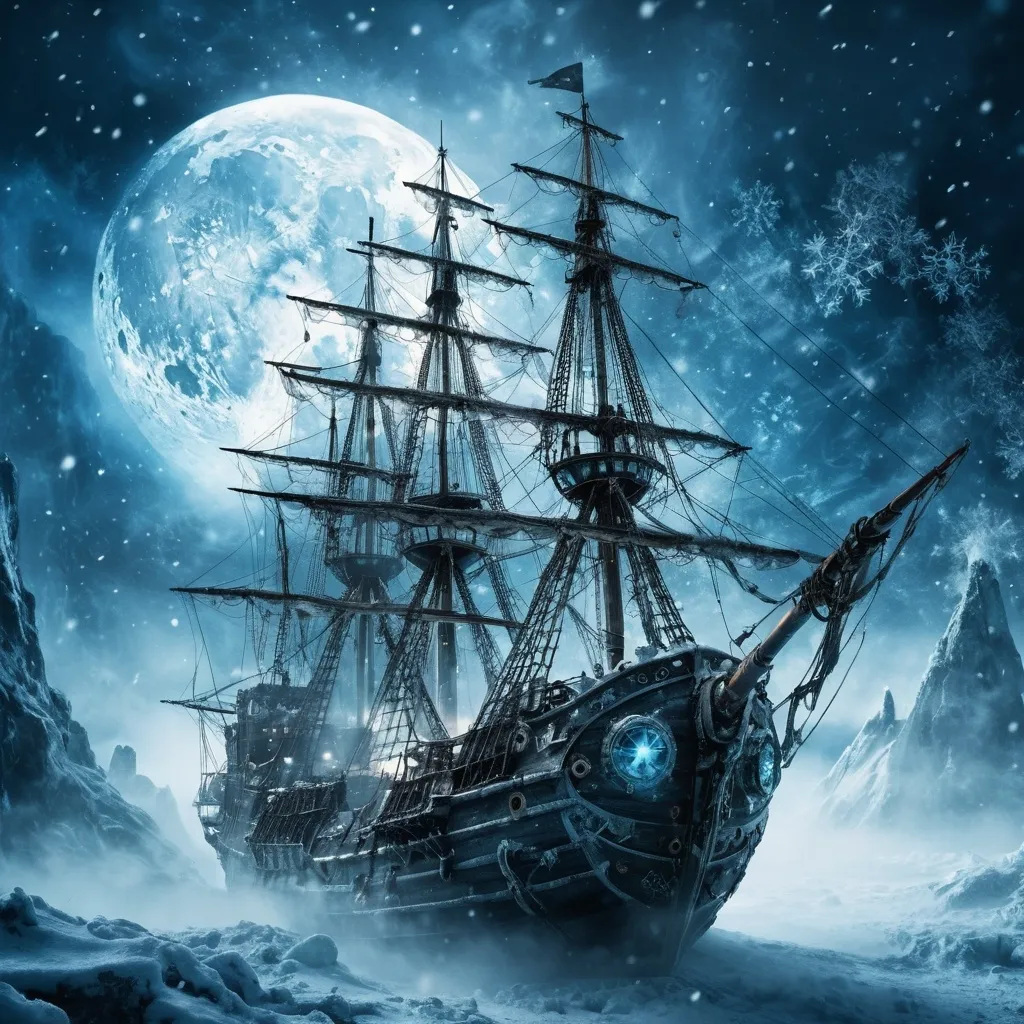 Prompt:  snow-covered landscape, (fierce expression), (abstract weapon),  steampunk ironclad pirate ship, cold, ethereal mist, icy blue tones, high contrast, dramatic atmosphere,  galaxy behind the moon, surrounded by swirling snowflakes, (epic scene), (4K), ultra-detailed, ready for battle, conveying strength and resilience, mystical energy emanating from her presence.