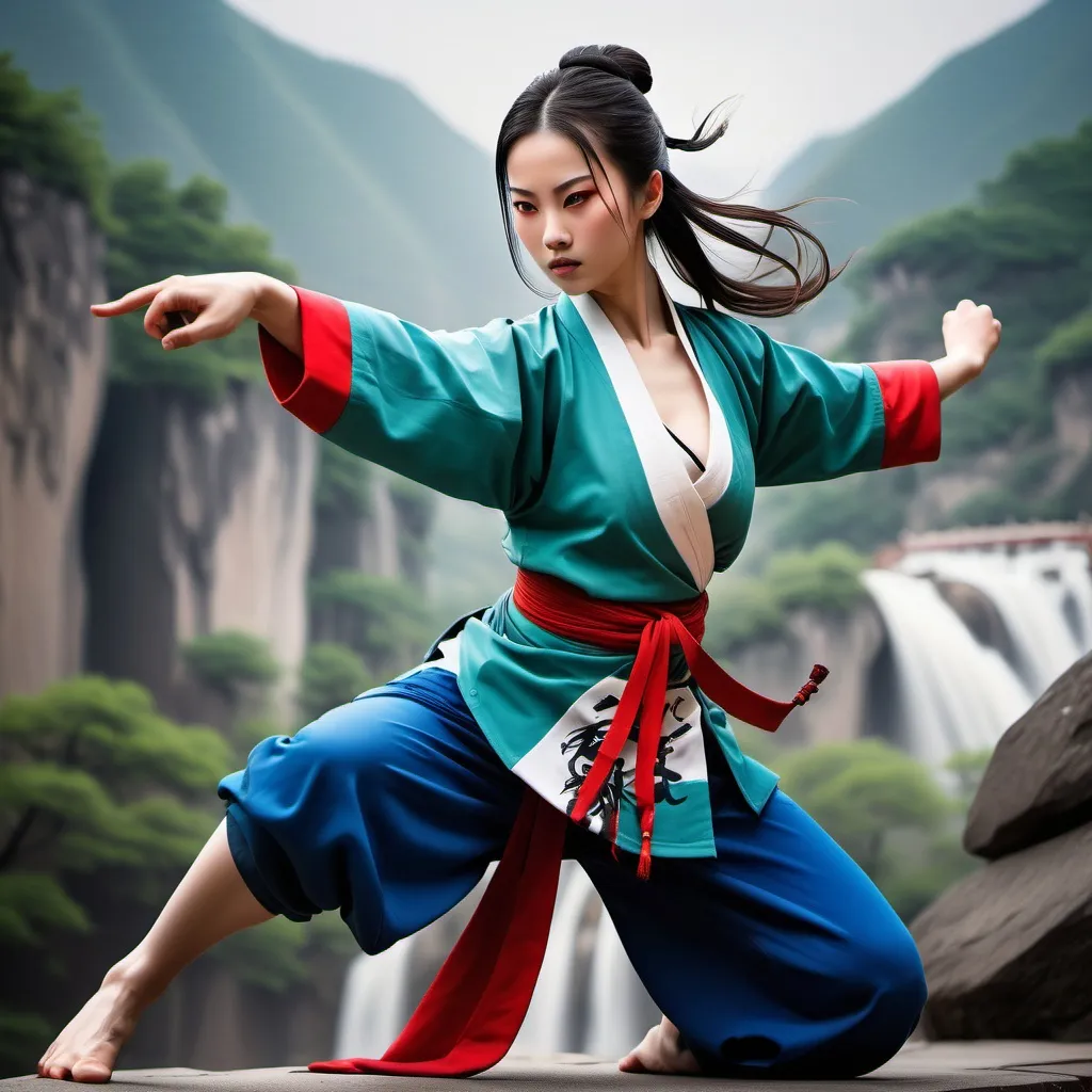 Prompt:  Central to the image is a (kungfu master woman), (shaolin temple), 
 (mountain view), flowing dark hair cascading down her shoulders, dressed in a traditional Taiji workout with exquisite (red, blue and black) patterns, dynamic pose, fair white skin, beautiful green eye, show abs, perfect anatomy, centered, freedom, soul,tie up bun hair, approach to perfection, cell shading, 4k , cinematic dramatic atmosphere, global illumination, detailed and intricate environment, , cinematic lighting,illuminated by warm, soft light, enhancing the tranquil and graceful atmosphere, (HD), showcasing her delicate features and serene expression in a captivating portrait style.ng, 