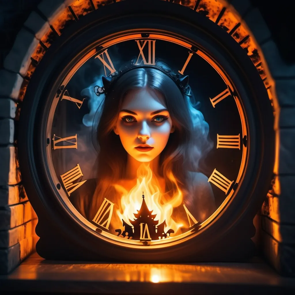 Prompt: first person view from 10 m away.
in  a burning wax house, a beautiful maiden face image is inside a clock. the wax clock is over the fireplace.
A horror house.
A witch, black cats.


mystic mist