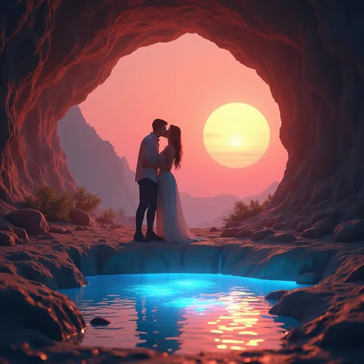 Prompt: cave pond, kissing, (( Korean woman), Mars terraforming scene, vivid colors, spacious interior, ambient lighting, charming atmosphere, (HD, ultra-detailed), adventurous vibe, engaging expression, dynamic composition, striking visuals.