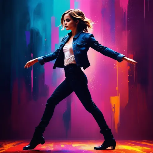 Prompt: (Elevated art piece of Emma Watson), (dancing in a dynamic pose), inspired by Michael Jackson's iconic moves, (vibrant colors), (dramatic lighting), showcasing grace and energy, (high-quality, ultra-detailed), a captivating blend of elegance and rhythm, set against a stylish, abstract background that enhances the visual impact, (cinematic atmosphere).