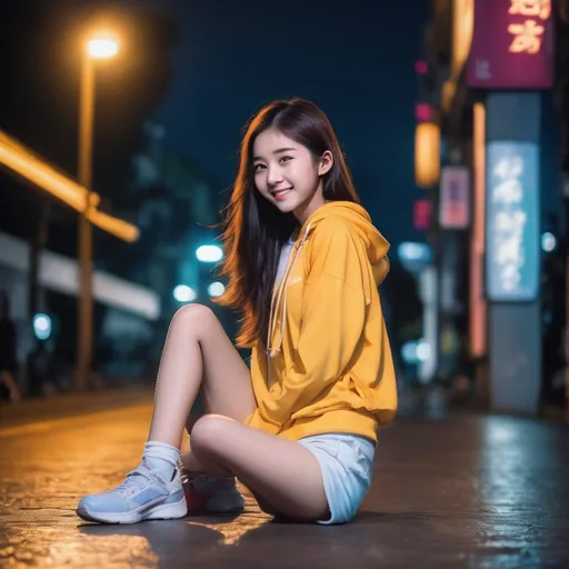 Prompt: A image of one pretty female Asia movie cast in love of feeling love.   In the night.  Long flowing hair.   Sunshine smile.  16-years-old, Feeling love.  Not lonely.   (trendy athelatic Sports wear).  (Vulnerable) (legs bound open)