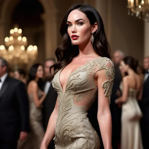 Prompt: photorealistic, side view, (Megan Fox) elegantly adorned in a luxurious Valentino dress, intricate patterns and textures, graceful pose, soft radiant lighting enhancing her features, stylish accessories accentuating her look, sophisticated ambiance, the background subtly blurred with an upscale fashion event atmosphere, (highly detailed) garment details showcasing craftsmanship, (ultra-detailed) visual clarity, showcasing haute couture vibes.