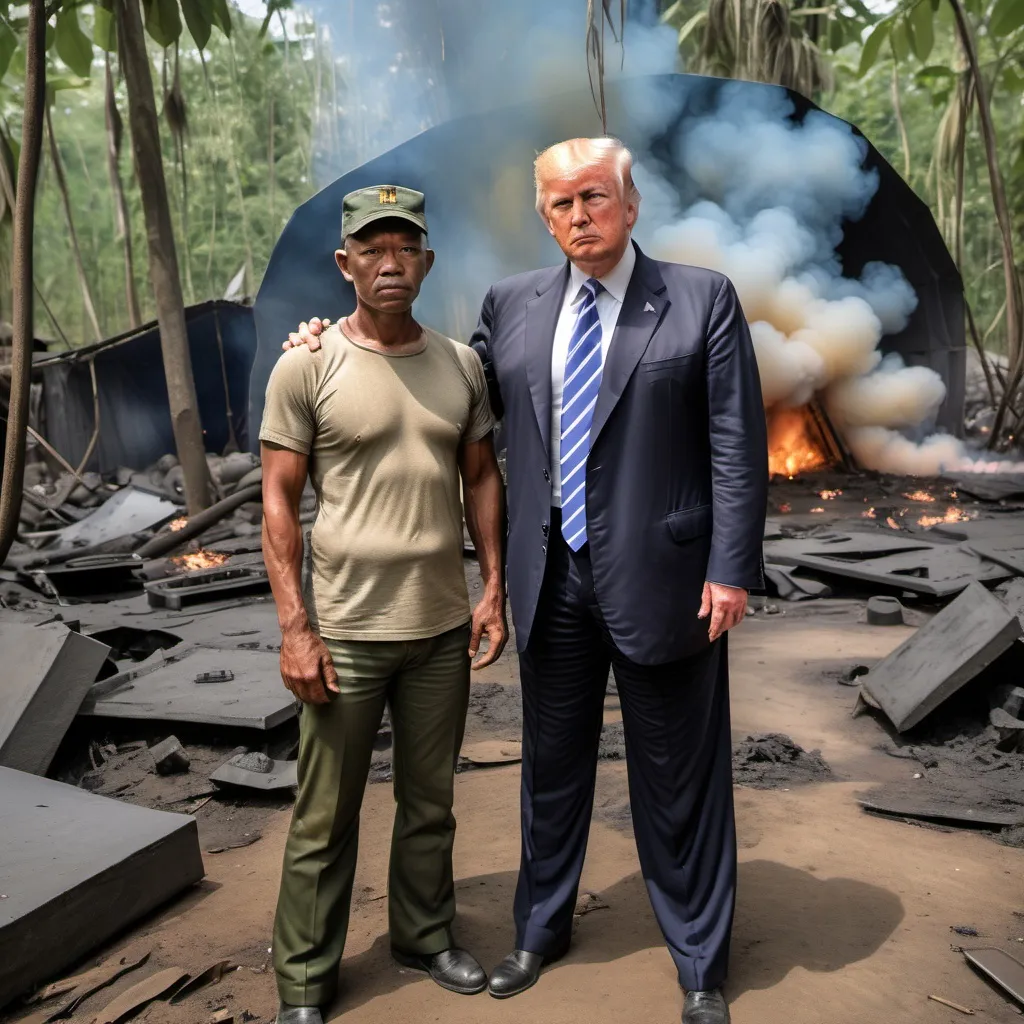 Prompt: 1970.
vietnam jungle,
photo standing with president donald trump on an american firebase. 
((surrounded by black secret service agent))
frighten glare.  explosions.
dirty torn small t-shirt show abs.