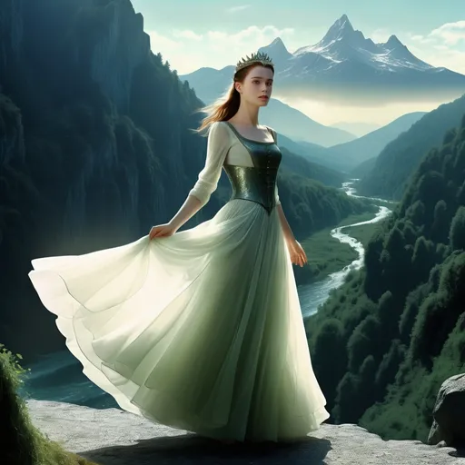 Prompt: 1300, matrix movie,
europe, germany, riverside. mountain background.

Audrey Hamm is a (maiden princess ), angelic clothing and shoes,  hovering, ethereal glow, wisps of steam, serene expression, halo of delicate cogs, set against a elf atmospheric background, faint glimmering lights illuminating, mystical, enchanting, highly detailed, fantasy art style, invoking a sense of wonder, 4K, ultra-detailed.