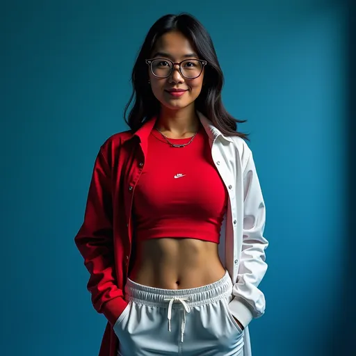 Prompt: Nike company advertising poster.  (JUST DO IT)
(full body portrait), beautiful female figure, (Asian descent), showing defined abs, lithe strong body,  striking rimmed glasses,  (sports red and white layered shirts), bold use of color (black, red, white), high-contrast composition,  (studio light blue from right) ,  (studio light white from left side), (ultra-detailed), stylish and modern vibe, striking visual contrasts, (high quality, 4K).