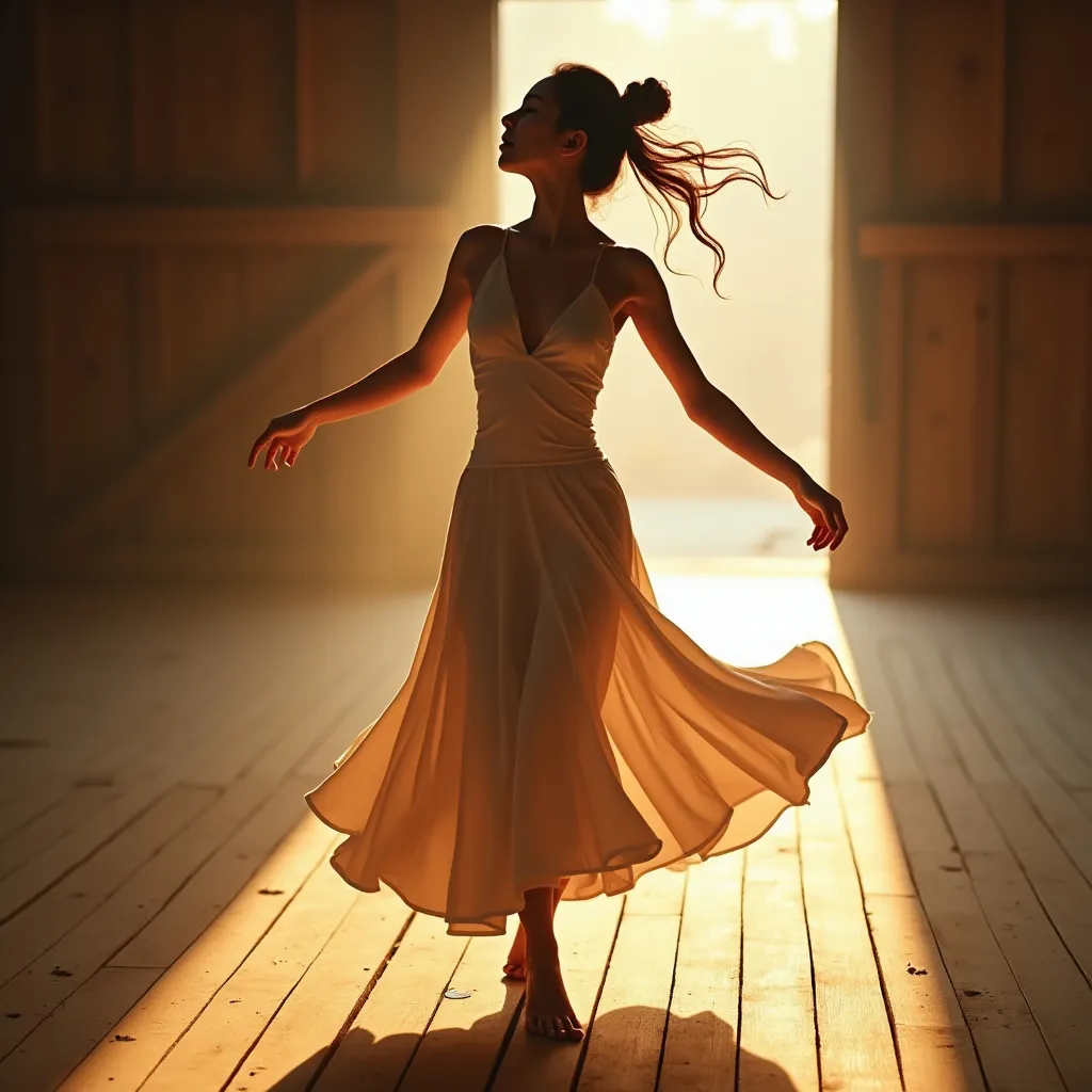 Prompt: (heavenly asian beauty girl), gracefully dancing, futuristic attire, minimalistic yet striking design, (soft ethereal lighting), warm golden hues, rustic barn setting, detailed wooden textures, (dynamic movement), enchanting atmosphere, blissful emotion, captivating expressions, high-quality 4K image, ultra-detailed background elements.