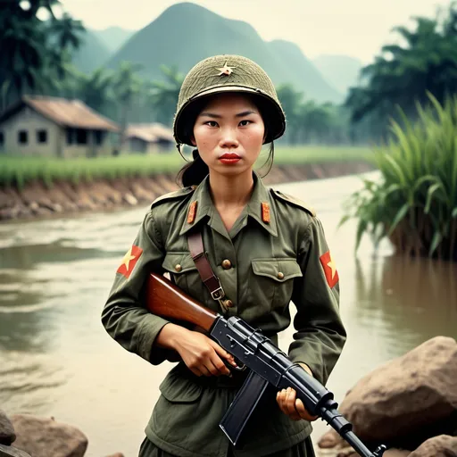 Prompt: 1970,
river, vietnam,
(pretty communist Vietnam 17 female soldier), gripping a ak47 rifle, vintage military uniform, (historic battlefield backdrop), powerful and nostalgic atmosphere, capturing resilience, evokes courage and determination, cinematic masterpiece, ultra-detailed, (vintage) color tones, dramatic lighting, moody ambiance, emphasis on emotion and courage, inspiring depiction, intense facial expression, military setting.