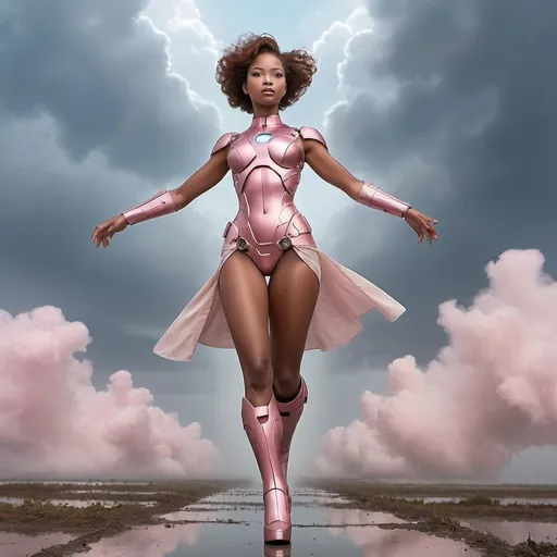 Prompt: year 1950, ironman universe,  normandy war zone, 
20  years old african version goddess aphrodite in pastel pink ironman full body uniform, high heel iron boots, blue eyes , with short brown hair, heavenly beauty,
 detail face, delicate body,  dance in the sky, mist surrounding, mystic atmosphere, raining
