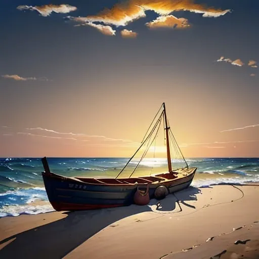 Prompt: Lone fishing boat on beach, girl beside boat, spot light,oil painting, serene beach setting, warm and golden tones, detailed figure with flowing movements, tranquil atmosphere, high quality, oil painting, serene, warm tones, detailed shadow, calm and peaceful vibe