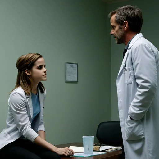 Prompt: (hospital), Dr House with  emma watson, meeting room.