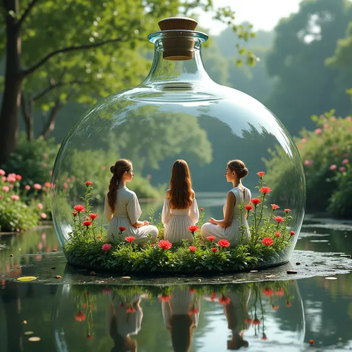 Prompt: **Hyper-Realistic Photograph:** An incredibly detailed, professional photograph of a giant glass bottle, inside has a garden and pond. has  tiny stunning ancient dressed  young women meditate peacefully..