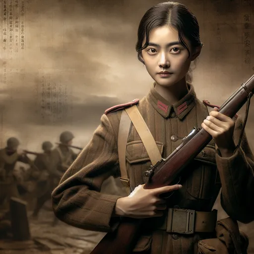 Prompt: (pretty chinese 17 female WWII soldier), vintage military uniform, gripping a rifle, set against a historic battlefield backdrop, powerful and nostalgic atmosphere, capturing resilience, muted colors, dramatic lighting, textured details of the battlefield, historical accuracy, evokes courage and determination, ultra-detailed, cinematic masterpiece.