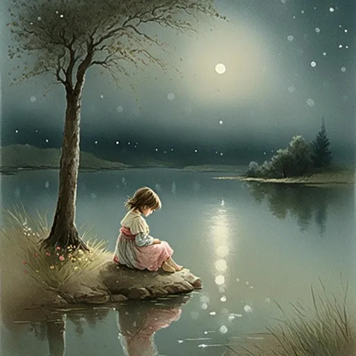 Prompt: <mymodel> little girl sitting on ground, beside lake, night, moon, reflection