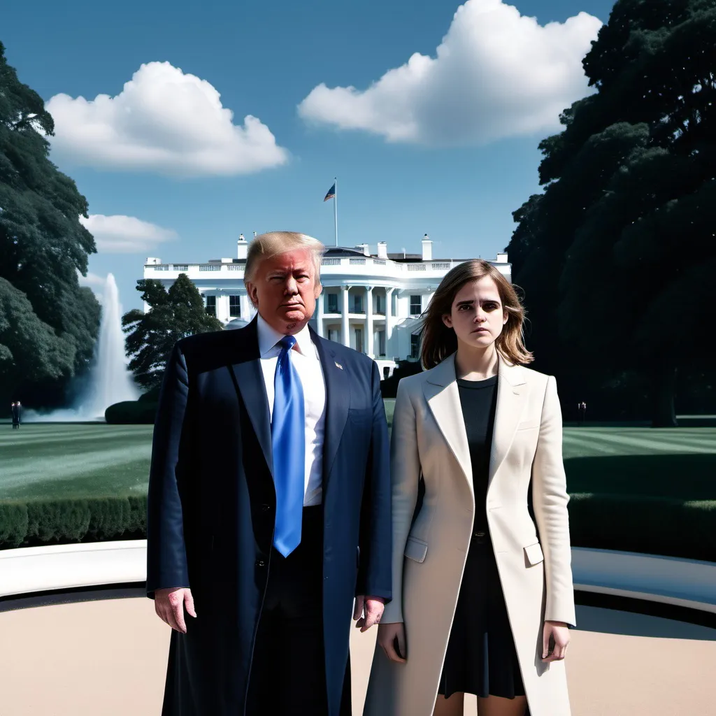 Prompt: world war, white house,
photo of president donald trump on with harry potter and emma watson,
(( black secret service agent))
mysterious atmosphere.
blue sky