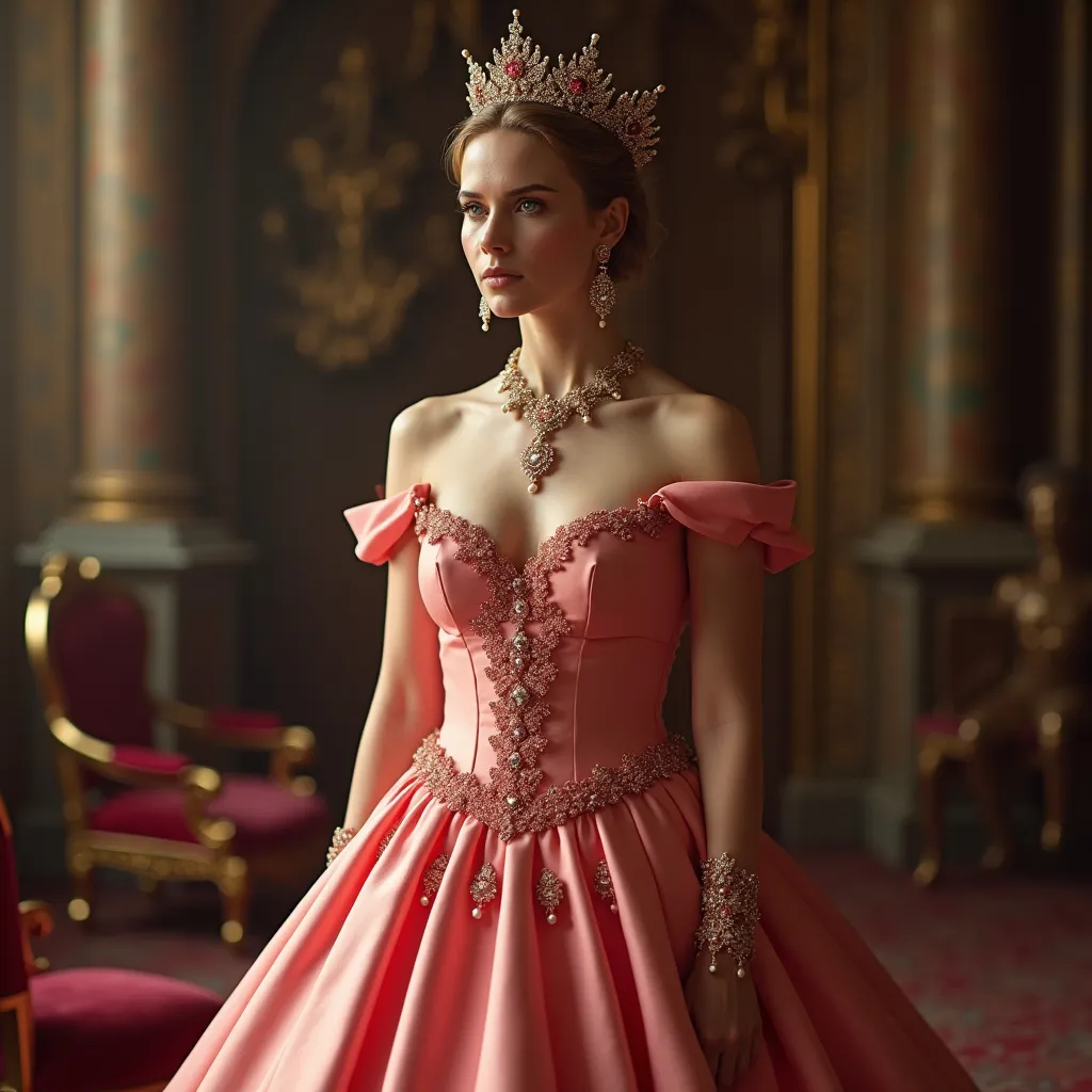 Prompt: Generate a photorealistic full body portrait of a A young emma watson that is a princess, wearing pink that is a little sad. standing in a throne room.
 She has a heap of expensive jewellery , Lithe but strong body.  (high heels), (rosy cheek), (delicate features), (heavenly beauty), (hint of smile), 
Use soft lighting (f/1.8, ISO 200) to highlight her grace and elegance. The woman is adorned in a sumptuous  luxurious red yellow Valentino ball gown, her eyes sparkling with intelligence and charm. Behind her, the castle's intricate architecture and rich history unfold, adding depth and grandeur to the scene.