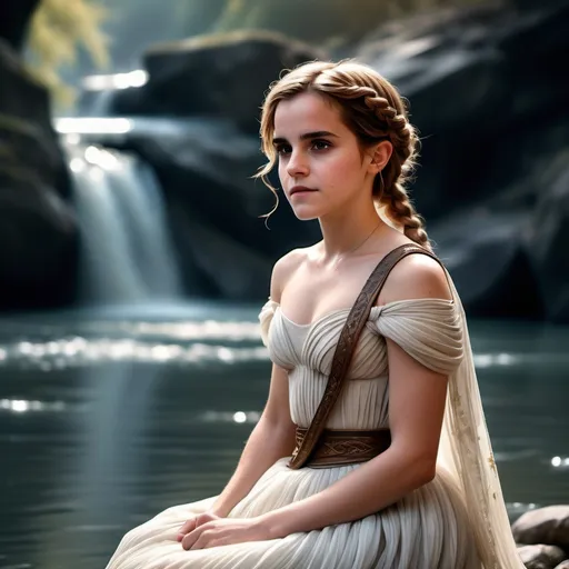 Prompt: (candid shot of  emma watson), (fairy princess of rome), set on a river , (icy backdrop), striking braided hair, wearing a straw skirt, showcasing toned abs, wedding ceremony,  ceremonial dress, captured in stunning digital photography, ethereal lighting, (portrait of a goddess), high-quality composition, ultra-detailed textures, enchanting and magical ambiance.